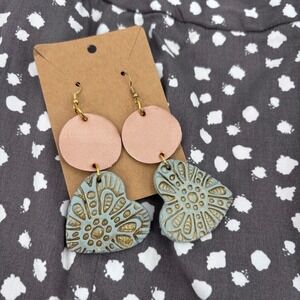 Handmade Clay Heart Earrings Boho Dangle Blue Gold gray embossed Top
